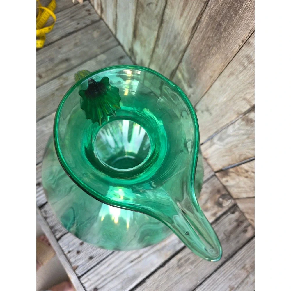 Vintage Emerald Green Hand Blown Glass Pitcher Optic Rib Mid Century Modern 15